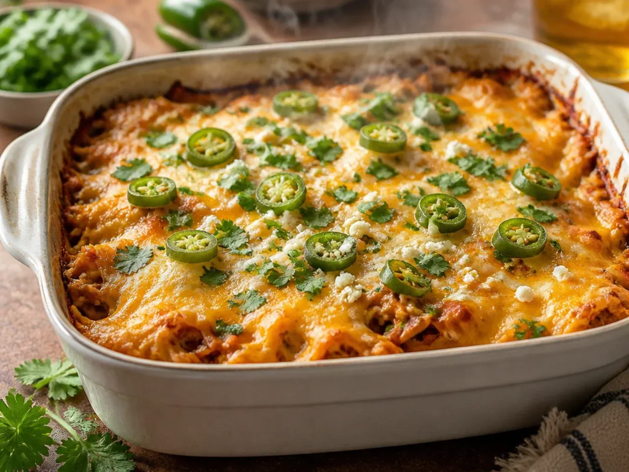 Spicy chicken enchilada casserole topped with sliced jalapeños