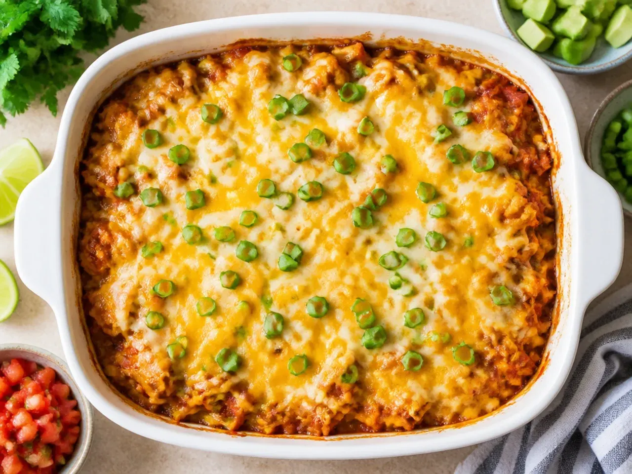 Low-carb chicken enchilada casserole made with cauliflower rice instead of tortillas