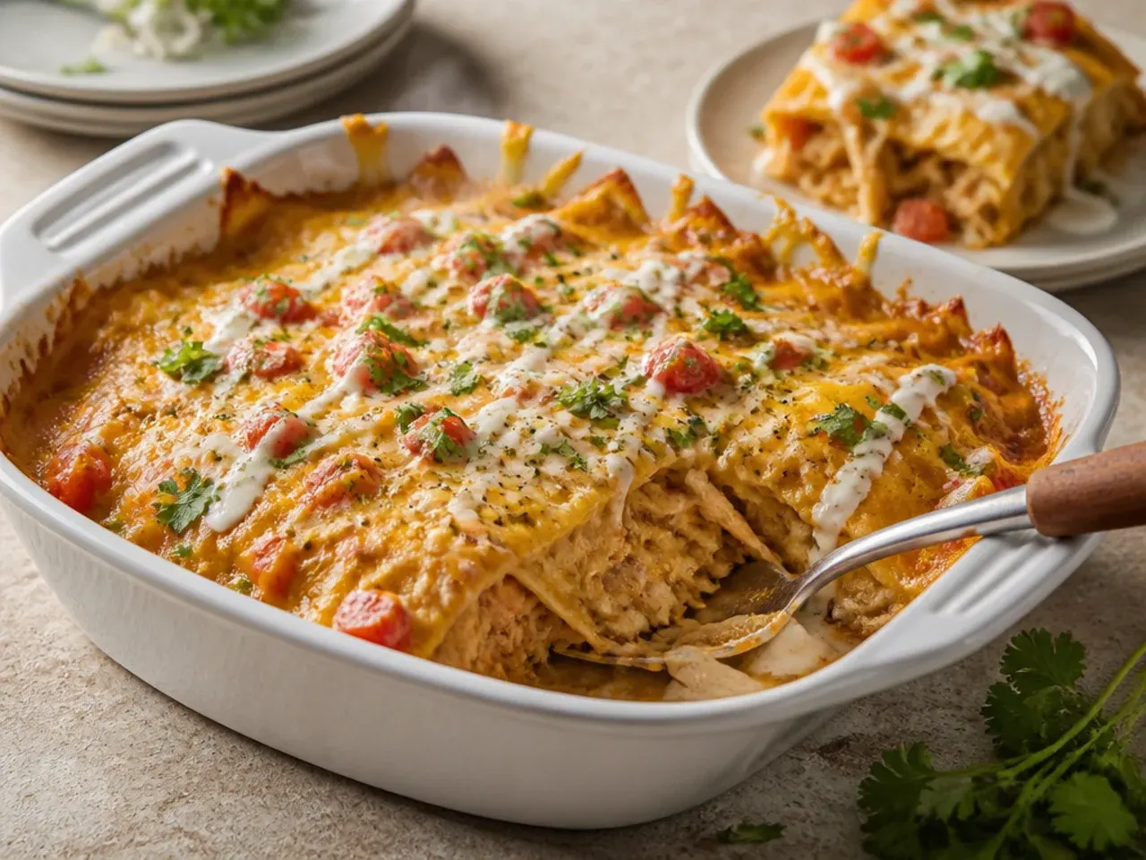 King Ranch-style chicken enchilada casserole with crushed tortilla chips and creamy sauce
