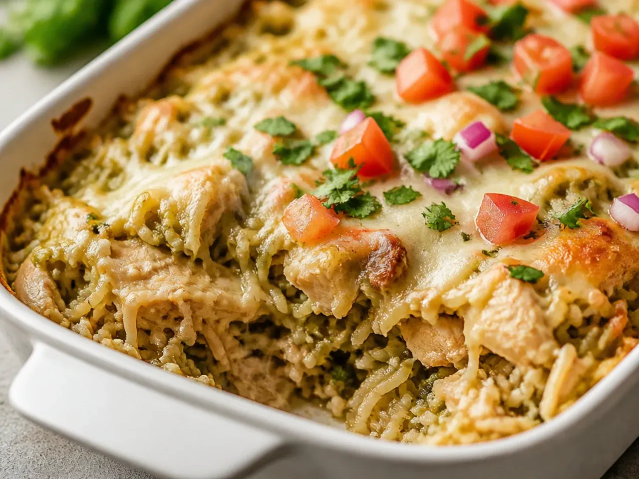 Chicken enchilada casserole with rice mixed through a green salsa verde sauce