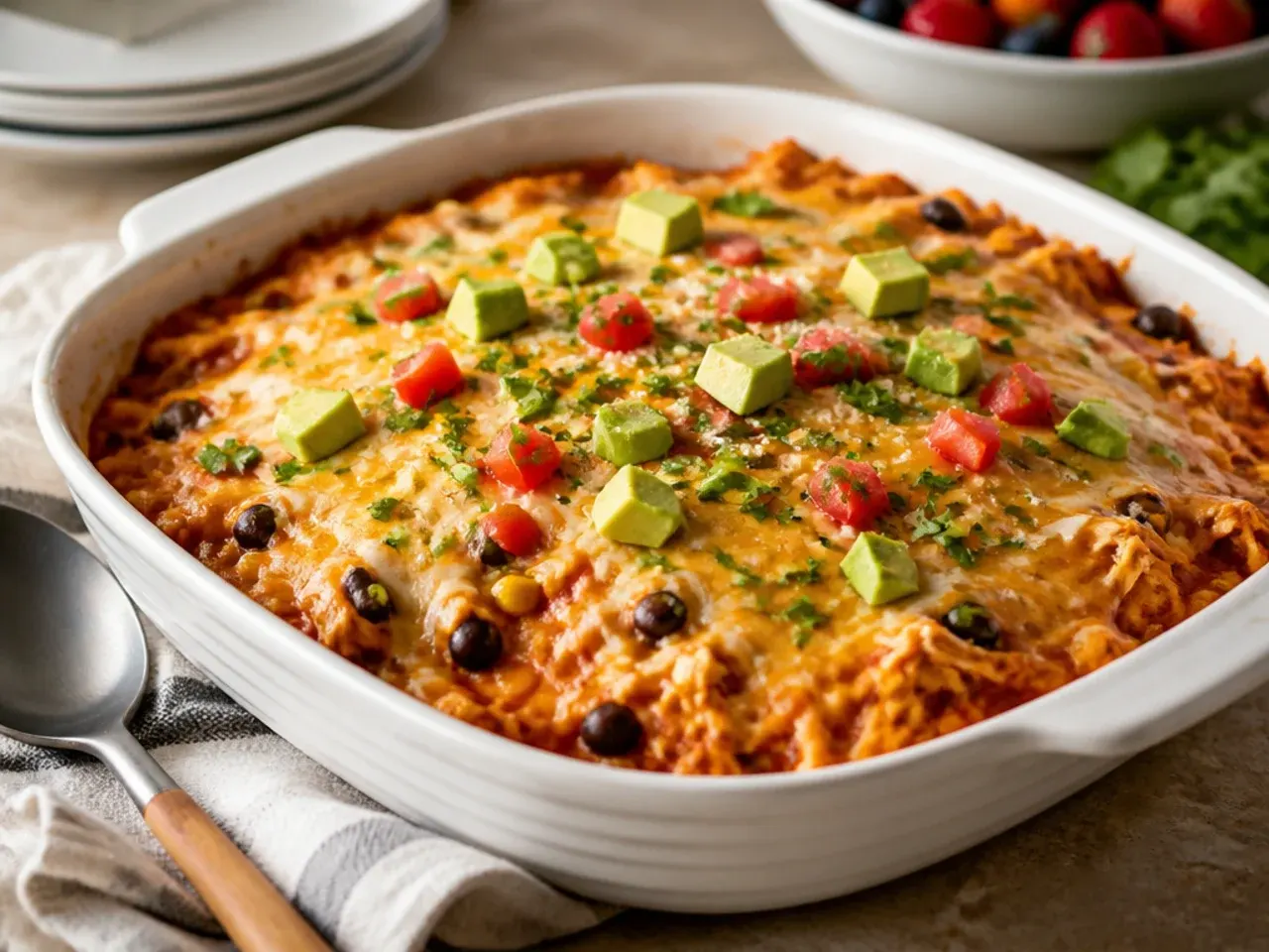 Chicken enchilada casserole layered in a slow cooker insert before cooking