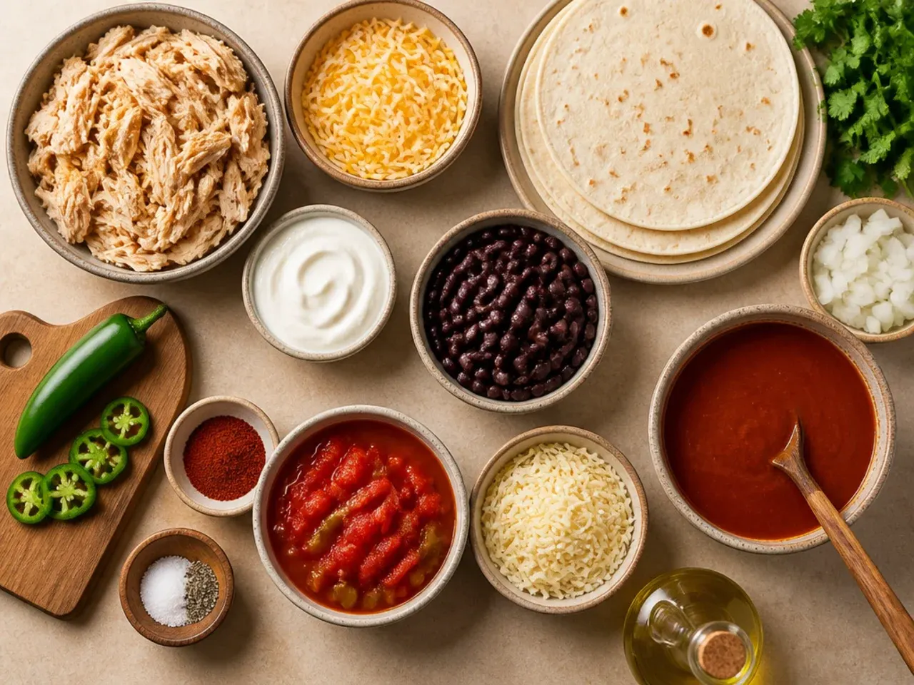 Hands shredding warm chicken and grating cheese for enchilada casserole prep