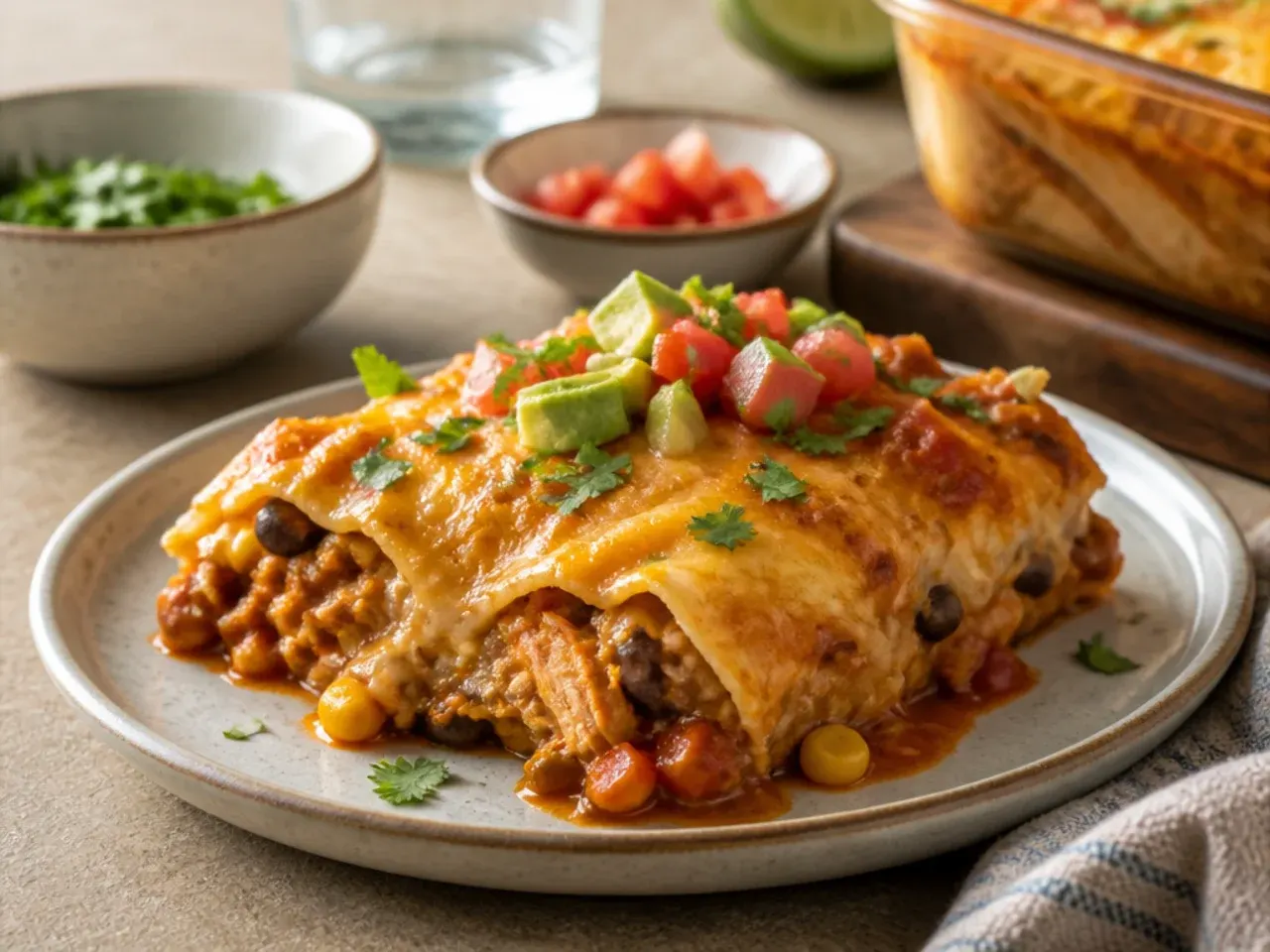 Plated chicken enchilada casserole served with rice, lime wedges and fresh salad