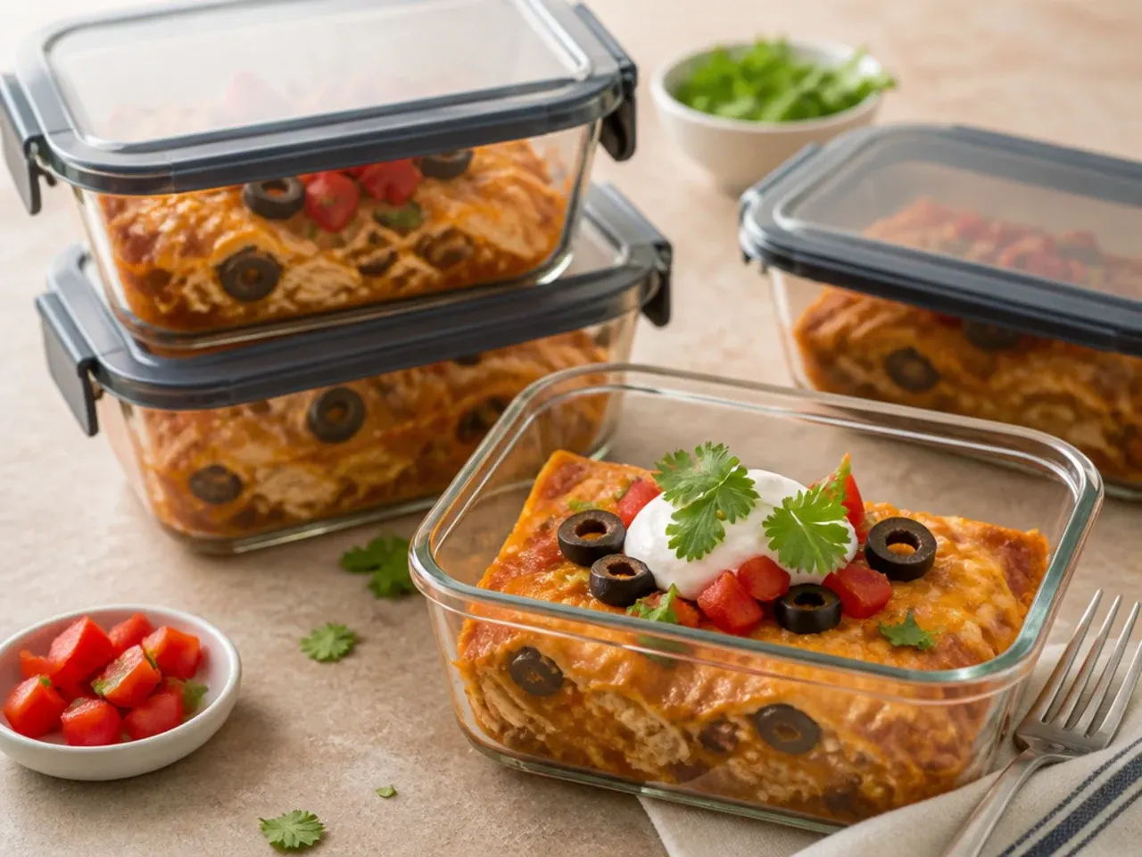 Leftover chicken enchilada casserole portioned into containers for the fridge and freezer