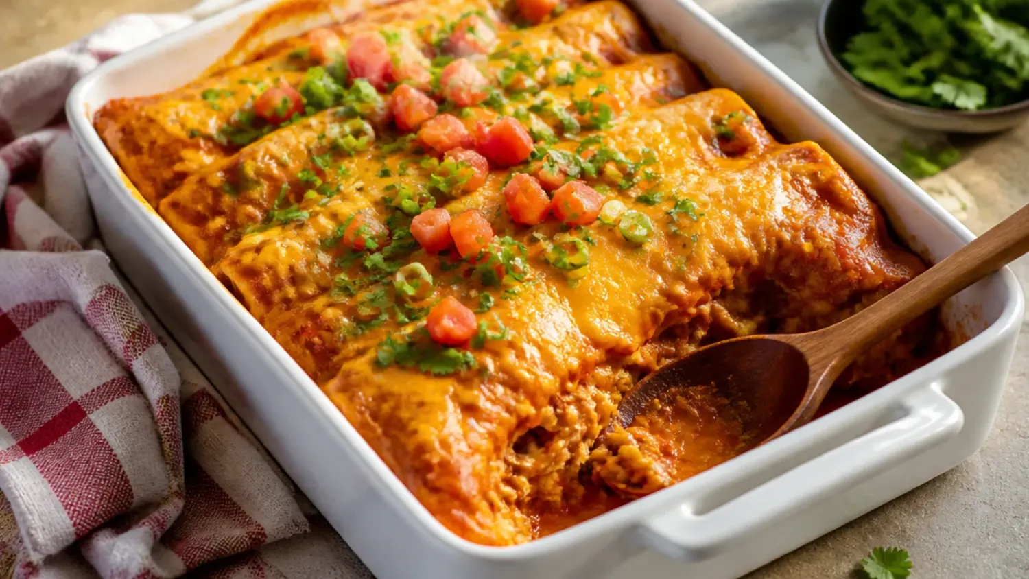 Overhead shot of a bubbling chicken enchilada casserole in a white baking dish, topped with melted cheese, cilantro and sliced jalapeños