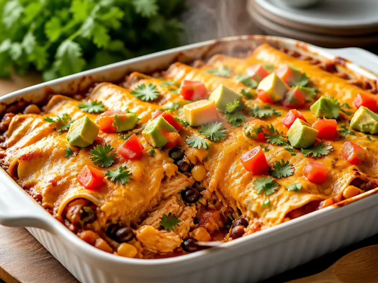 Ingredients for chicken enchilada casserole laid out: shredded chicken, tortillas, enchilada sauce, cheese and spices