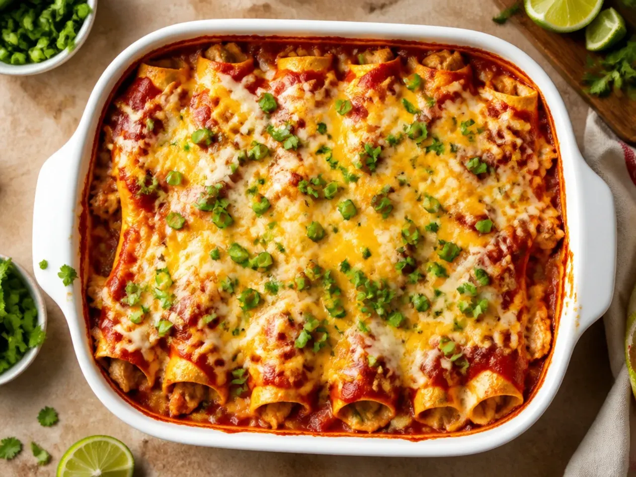 Classic red sauce chicken enchilada casserole in a baking dish with melted cheddar on top