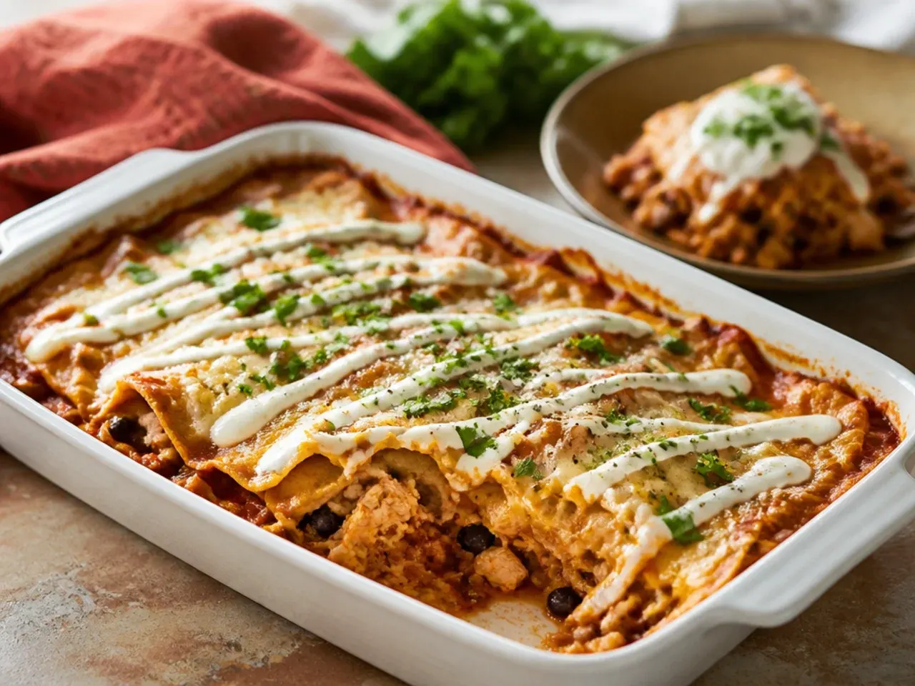 Five simple ingredients for an easy chicken enchilada casserole arranged on a counter