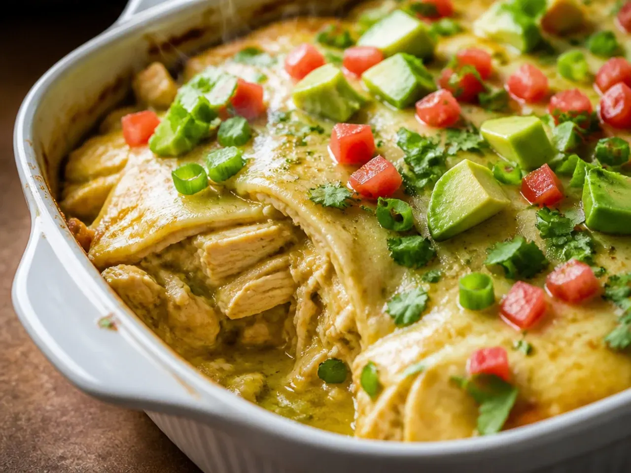 Green chile chicken enchilada casserole with a creamy tomatillo sauce and melted white cheese