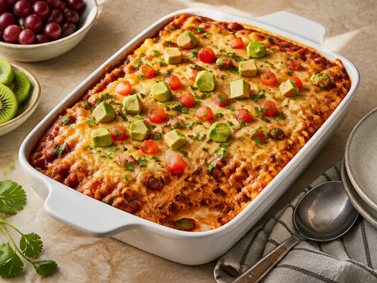 One-pan chicken enchilada casserole baked in a cast-iron skillet