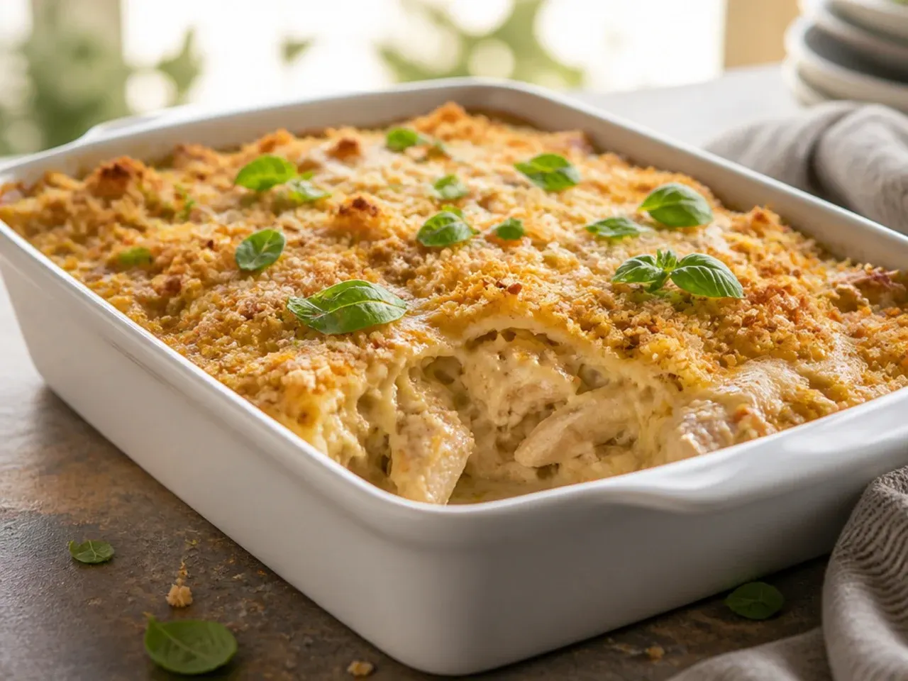 Close-up of creamy chicken enchilada casserole with visible sour cream sauce