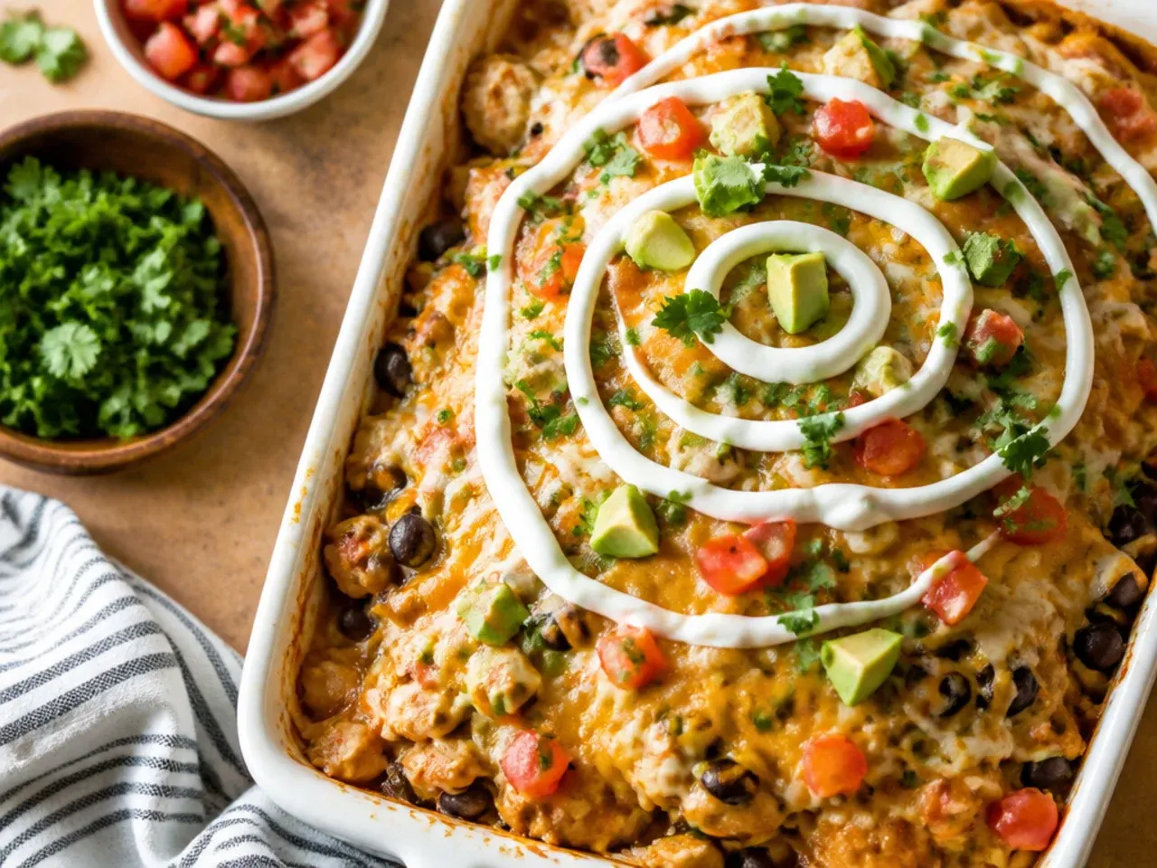 Loaded chicken enchilada casserole topped with beans, corn, avocado and crushed tortilla chips
