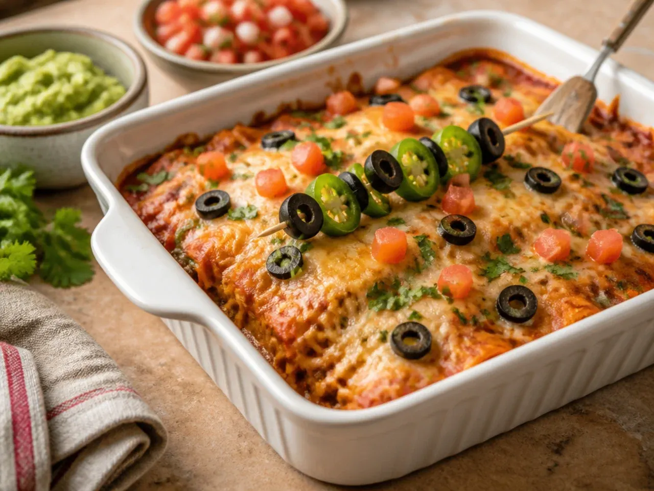 Best-ever chicken enchilada casserole with a deep red homemade sauce and golden cheese top