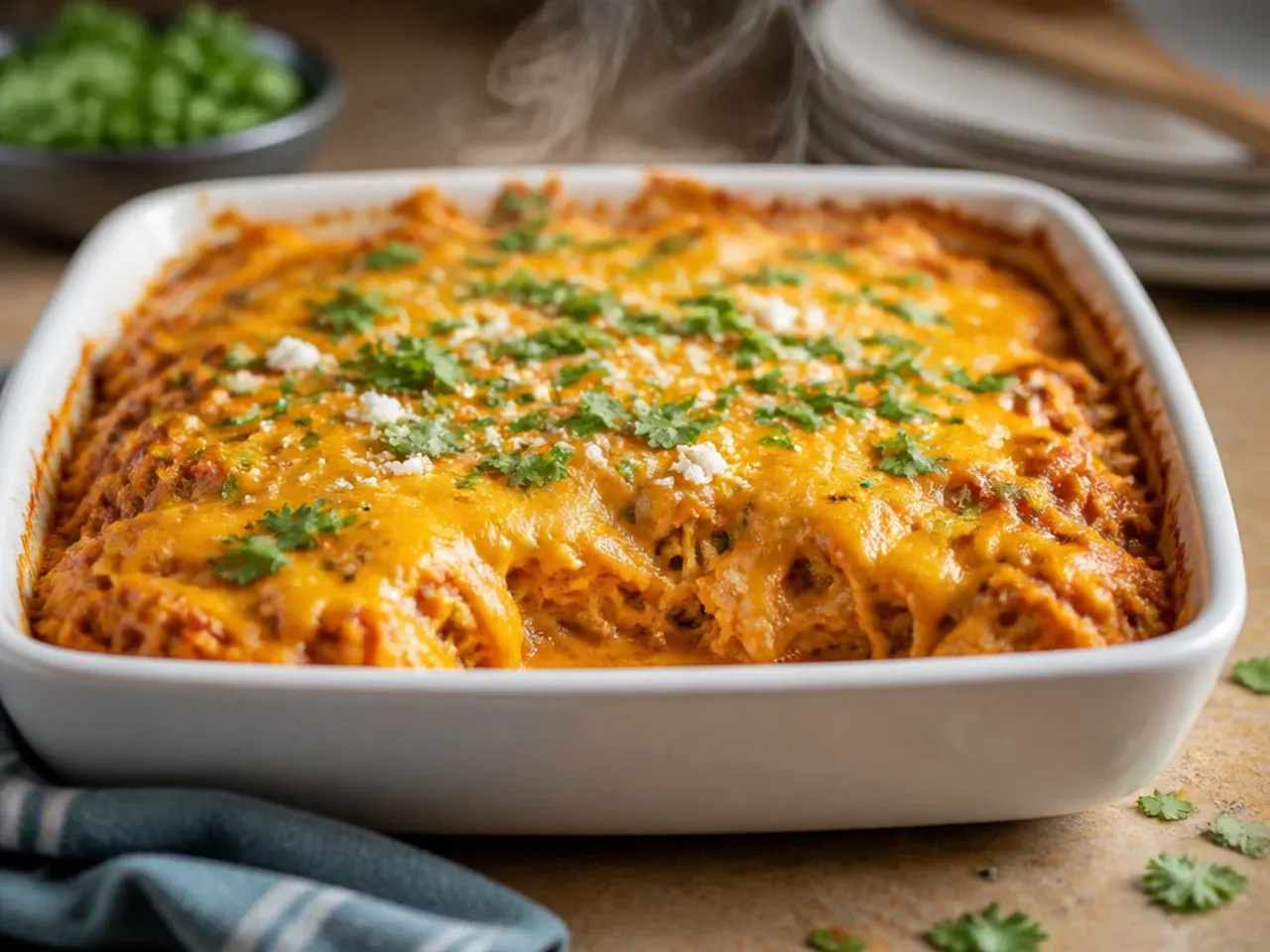 Extra cheesy chicken enchilada casserole with long cheese pulls being lifted from the dish