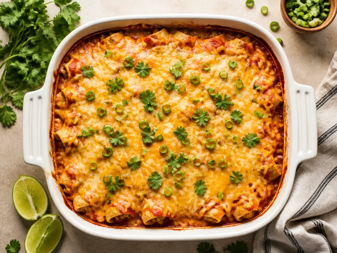 Budget-friendly chicken enchilada casserole made with simple pantry ingredients