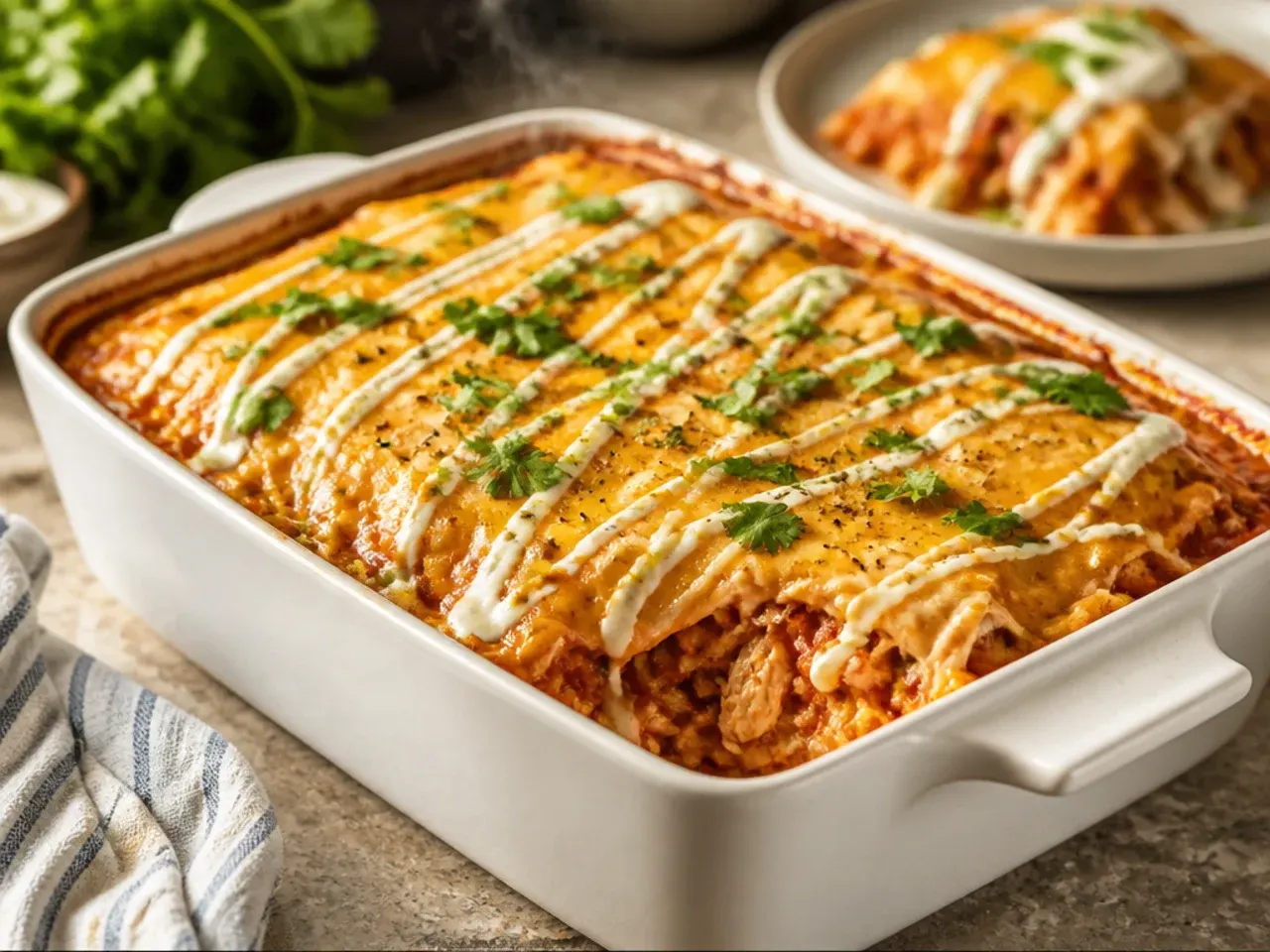 Two large trays of chicken enchilada casserole set out for a party with toppings on the side