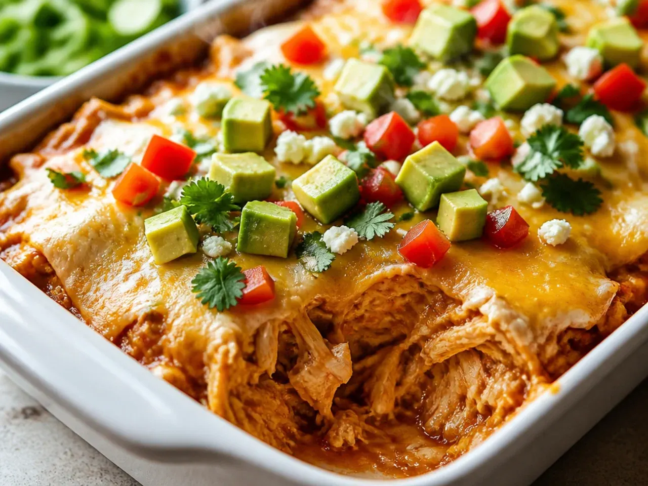Chicken enchilada casserole assembled in a dish and covered with cling film ready to refrigerate