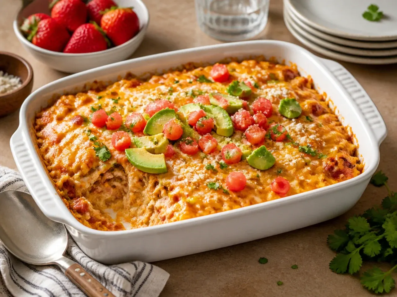 Family-style mild chicken enchilada casserole served on plates for a weeknight dinner