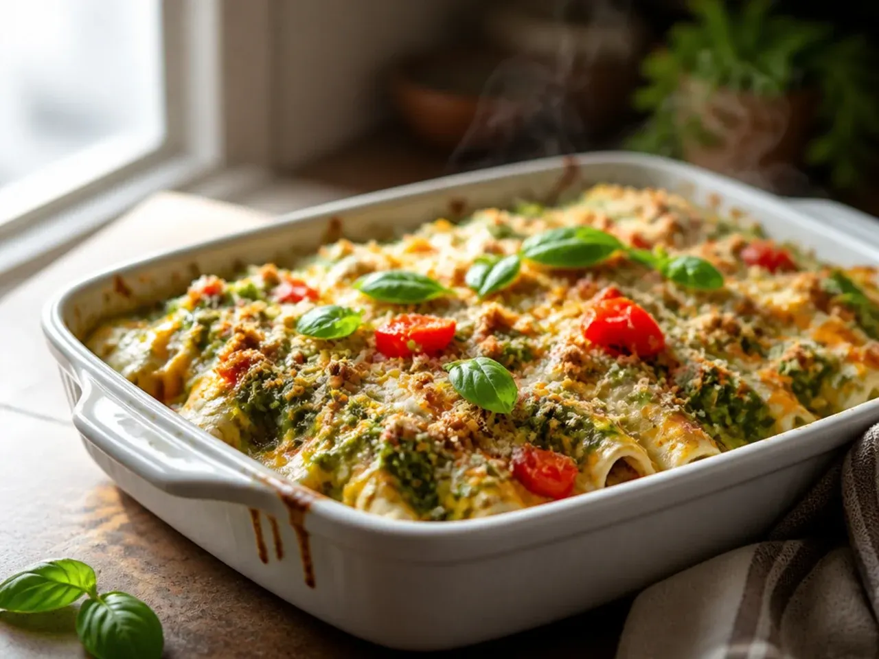 Festive chicken enchilada casserole with visible stripes of red and green sauce