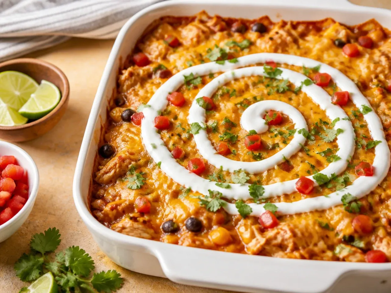 Quick chicken enchilada casserole ready to serve after a fast 30-minute bake