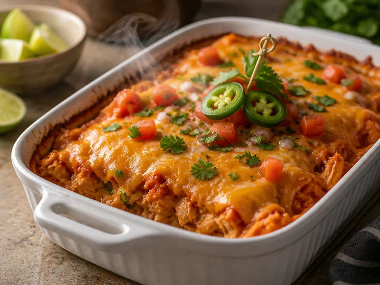 From-scratch chicken enchilada casserole with homemade sauce and lightly fried tortillas