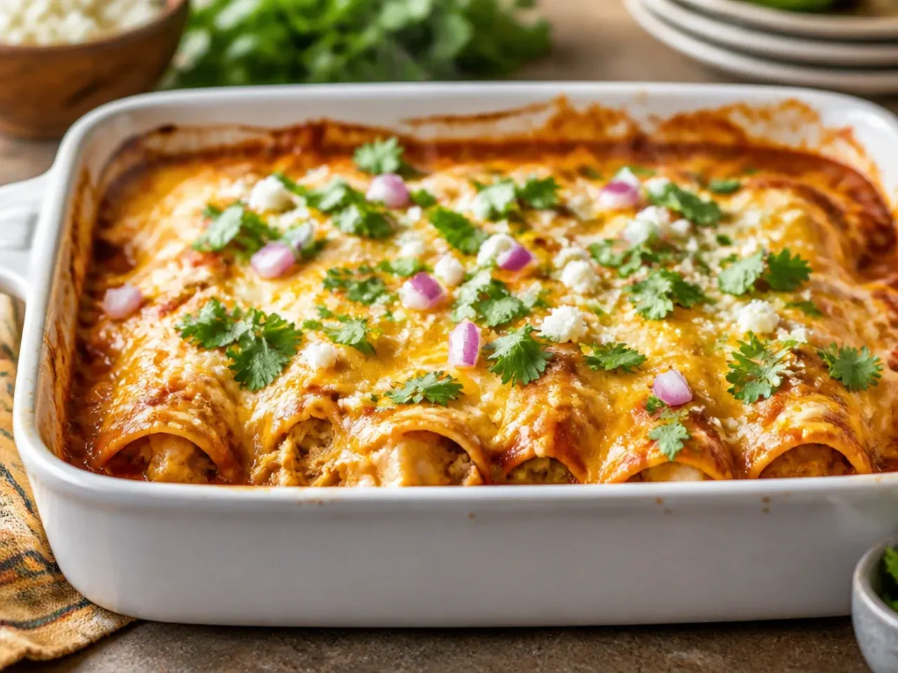 Smoky chipotle chicken enchilada casserole with a deep reddish-brown sauce