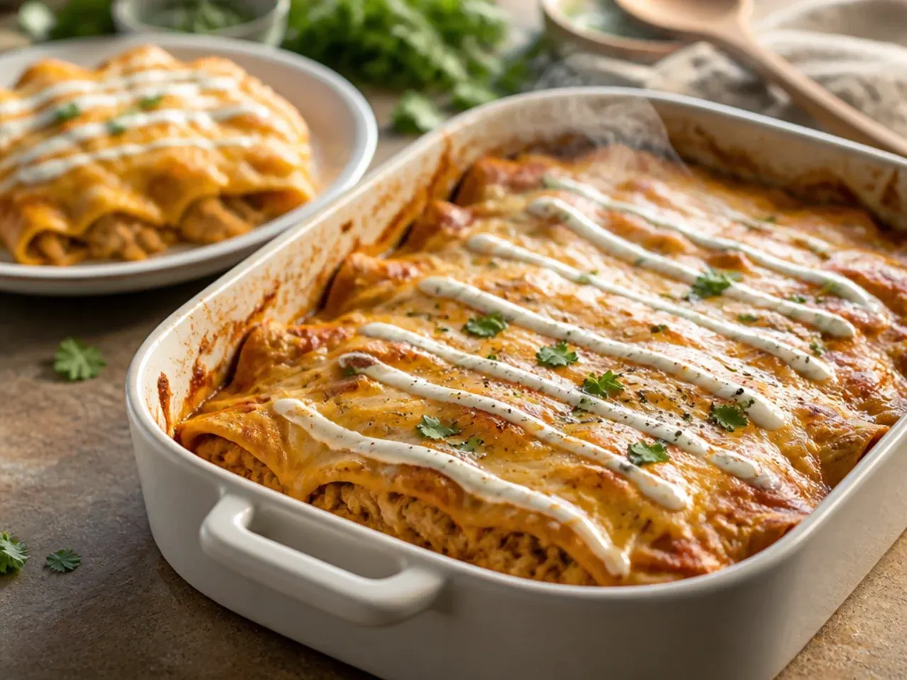 Side-by-side comparison of chicken enchilada casserole made with corn versus flour tortillas