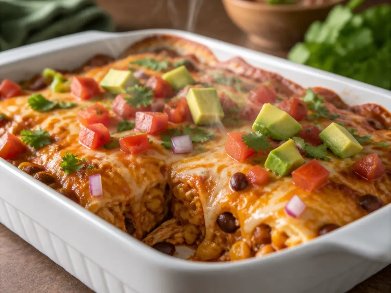 Shredded rotisserie chicken being mixed with enchilada sauce for a casserole