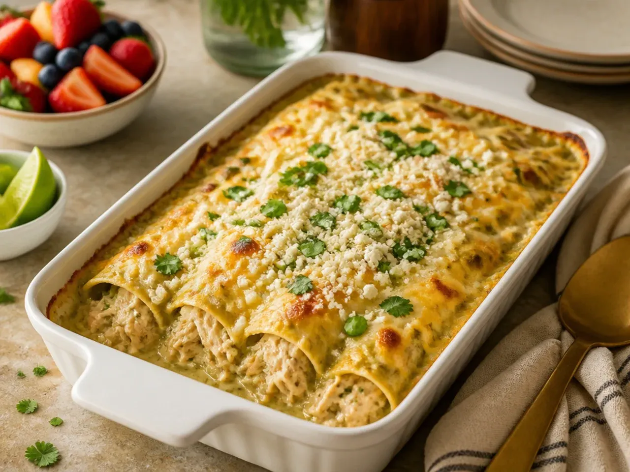 Creamy poblano chicken enchilada casserole with roasted green peppers folded through