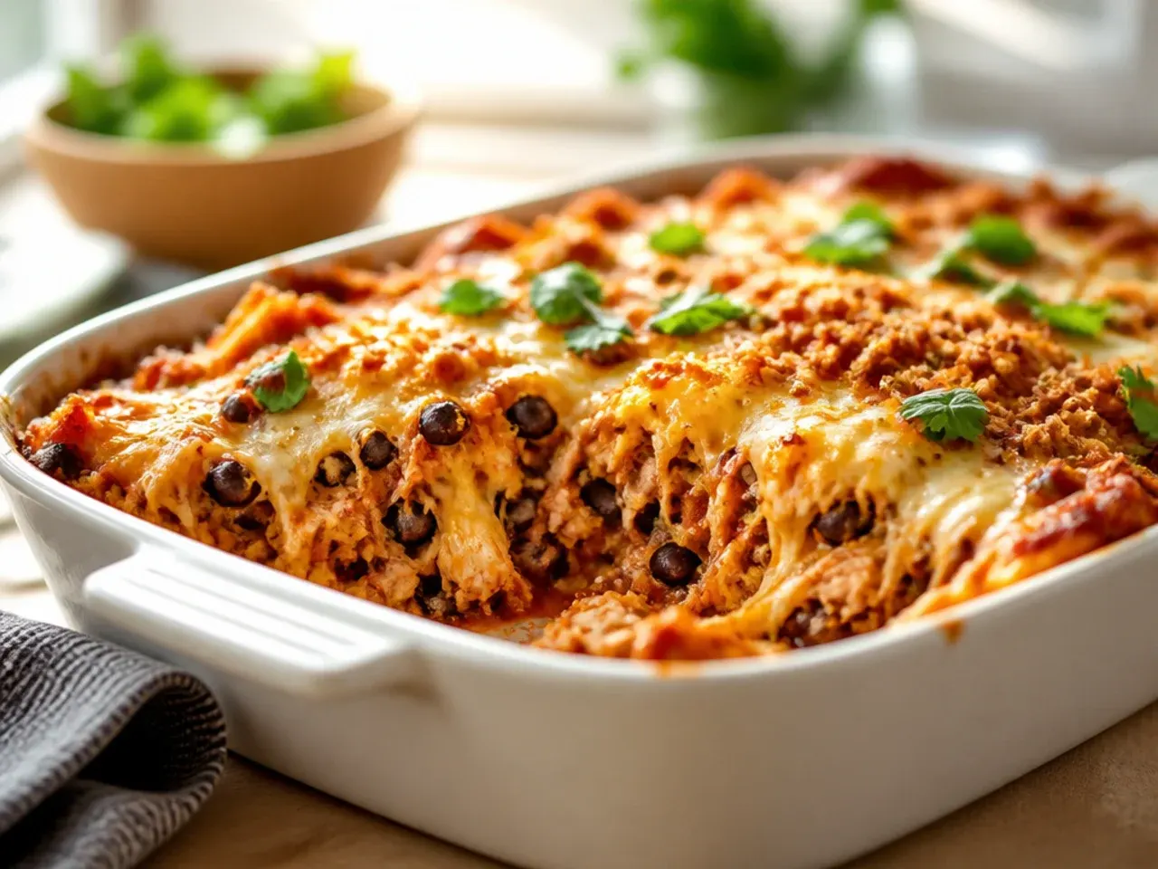 Loaded Tex-Mex chicken enchilada casserole with seasoned beef and crushed chips on top