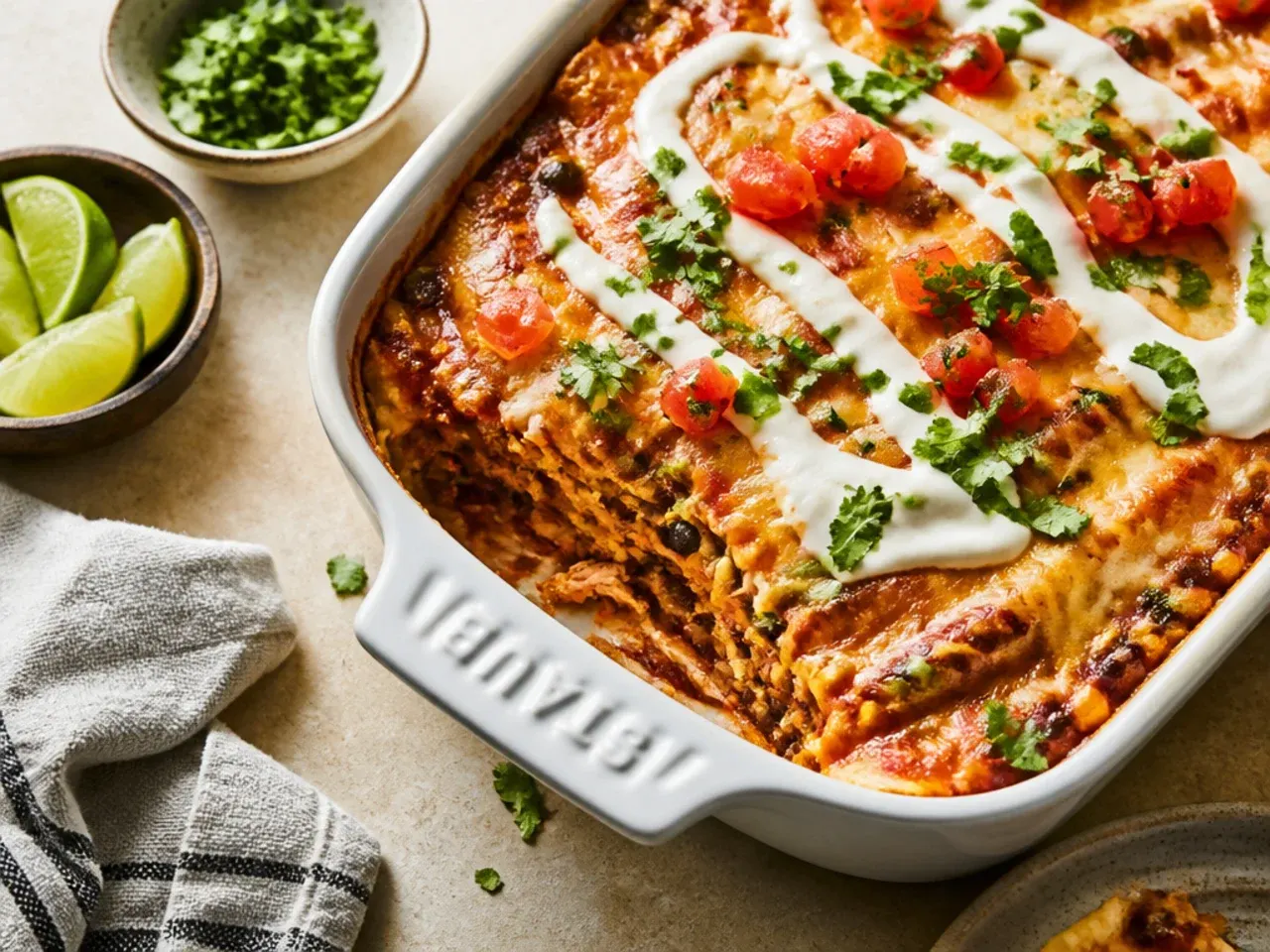 Chicken enchilada casserole made using leftover roast chicken and vegetables