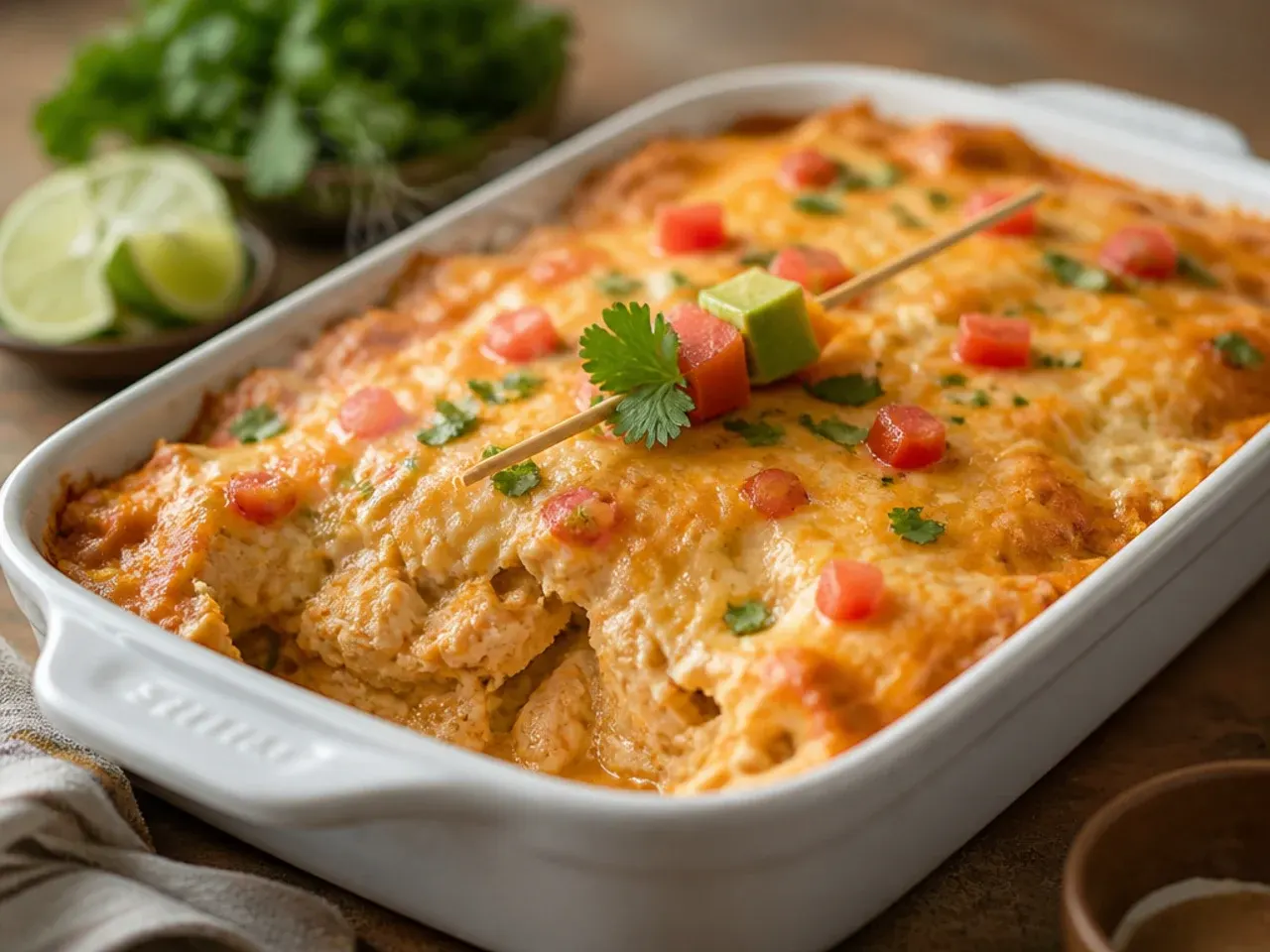 Cheesy cream cheese chicken enchilada casserole sliced into neat squares