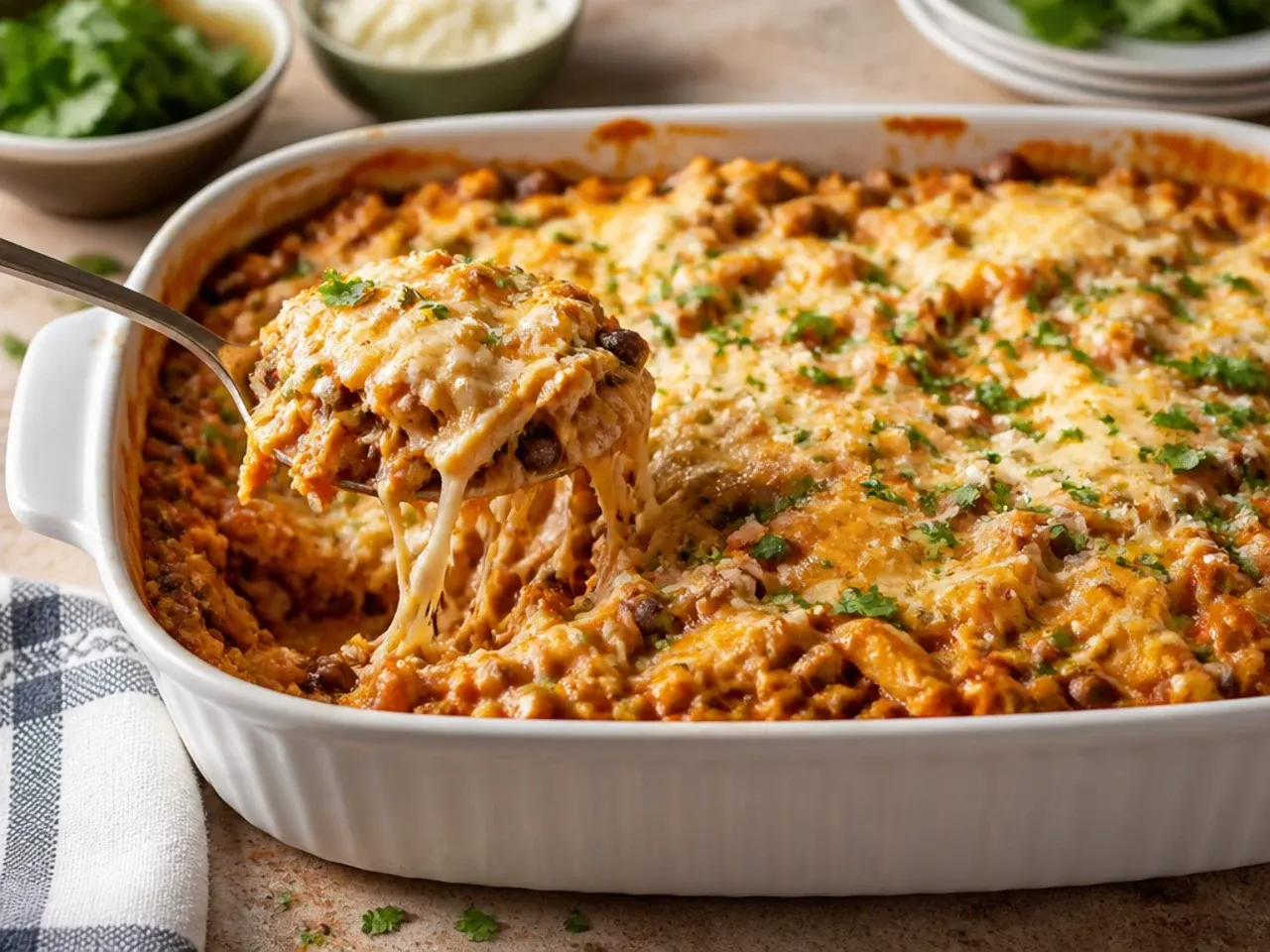 Budget chicken and black bean enchilada casserole in a baking dish