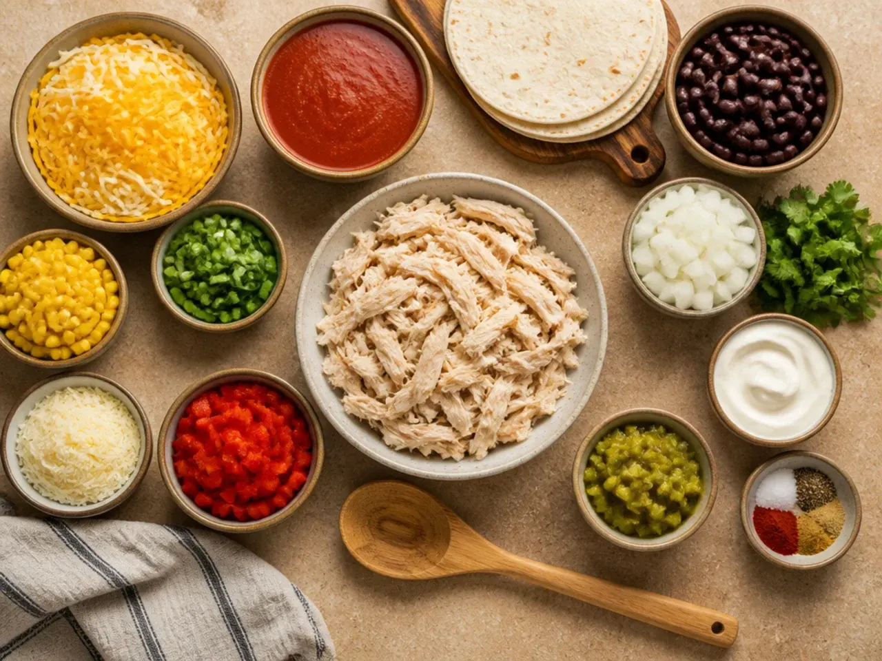 Hands adding a layer of tortillas to a chicken enchilada casserole being assembled