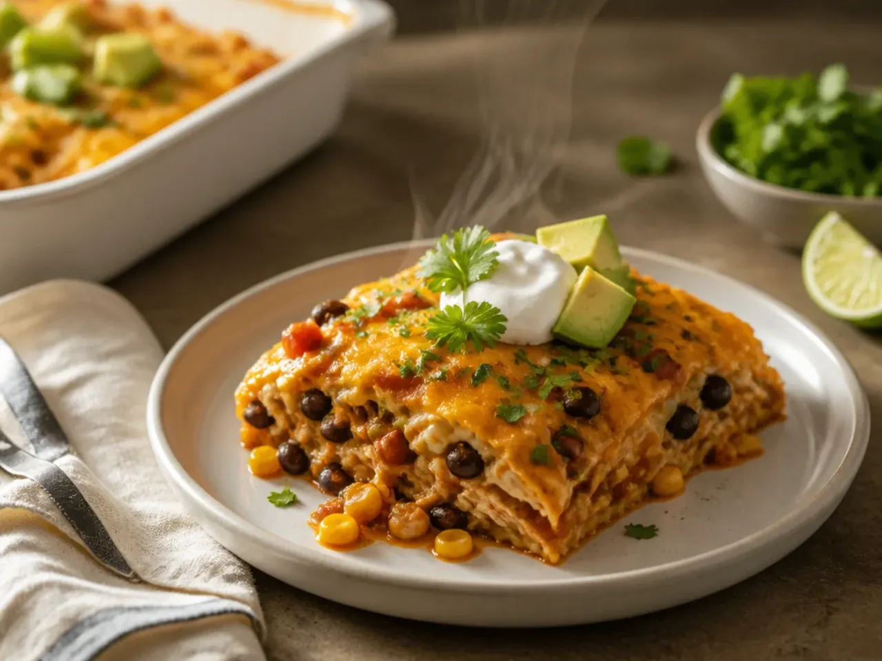Chicken enchilada casserole served on a plate with rice, salad and a lime wedge