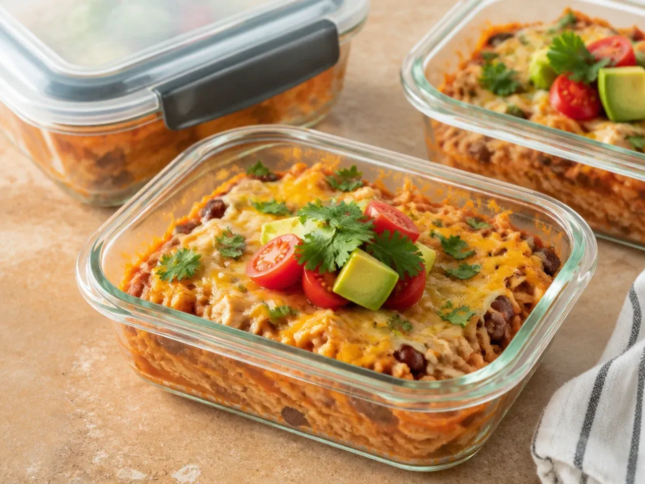 Portioned chicken enchilada casserole leftovers stored in airtight containers for the fridge