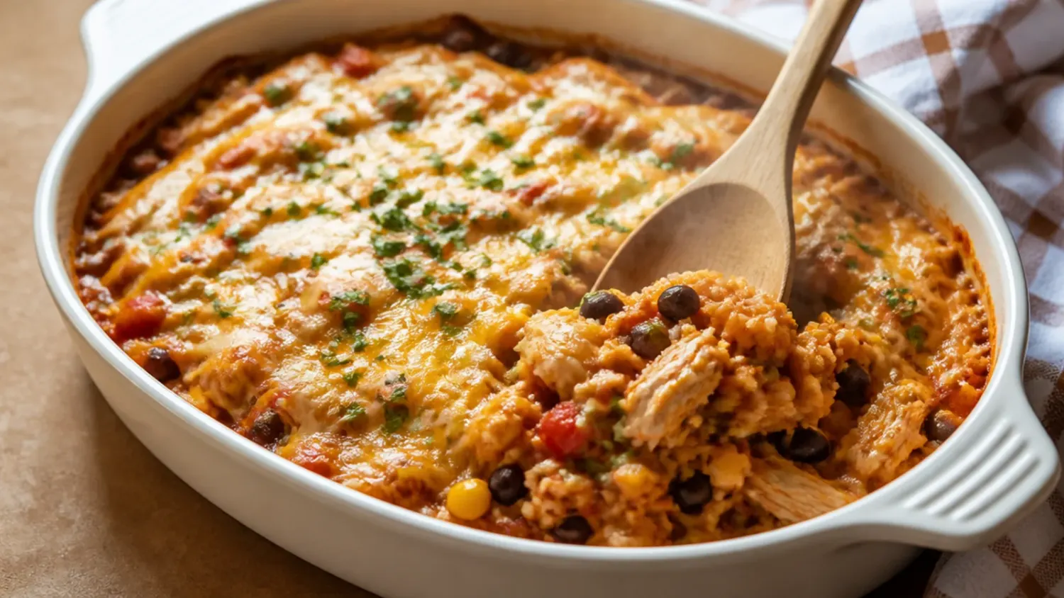 A bubbling chicken enchilada rice casserole in a white baking dish, topped with melted cheese, coriander and sliced jalapeños