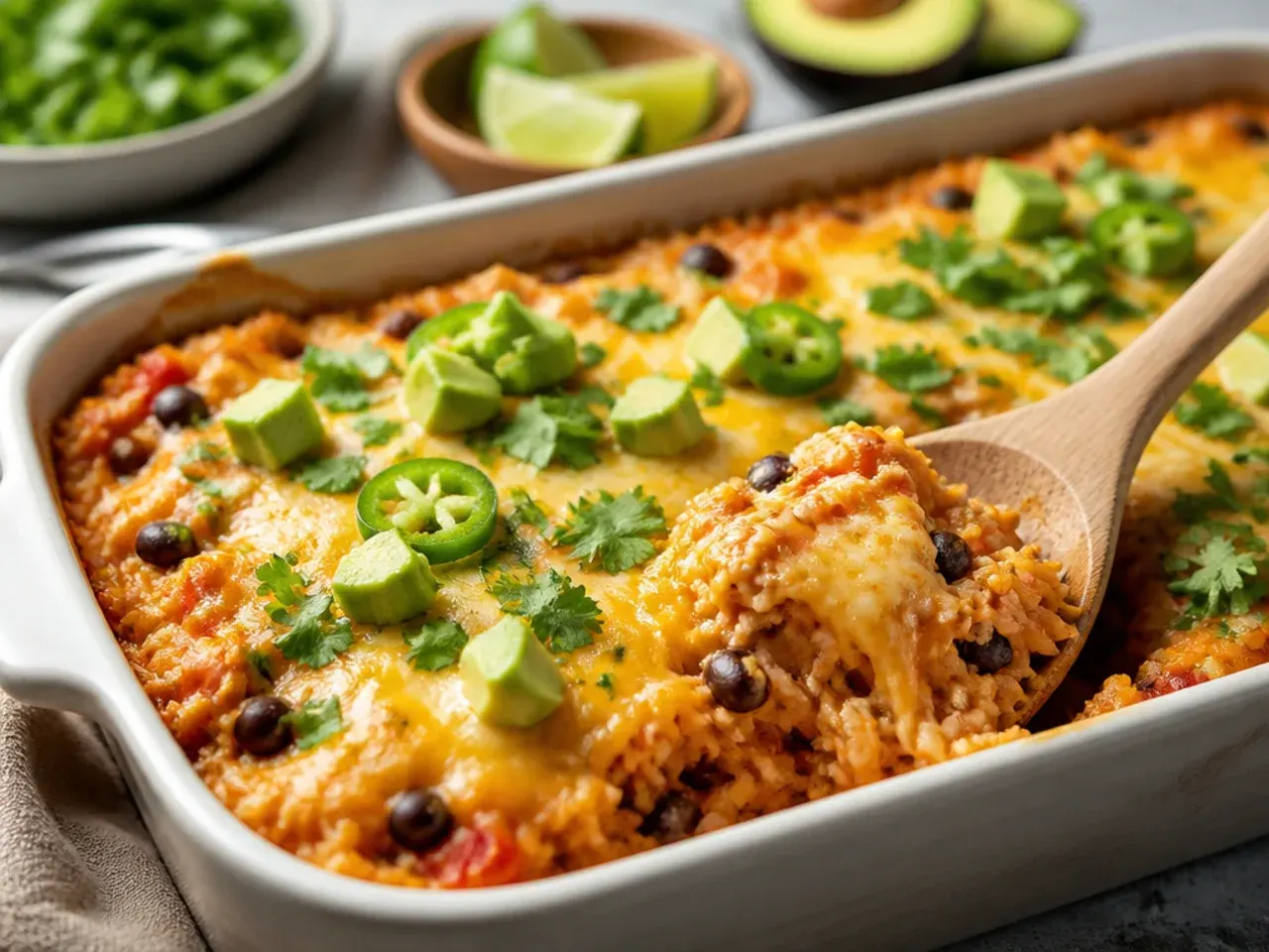 Overhead shot of a finished chicken enchilada rice casserole with melted cheese and fresh garnishes