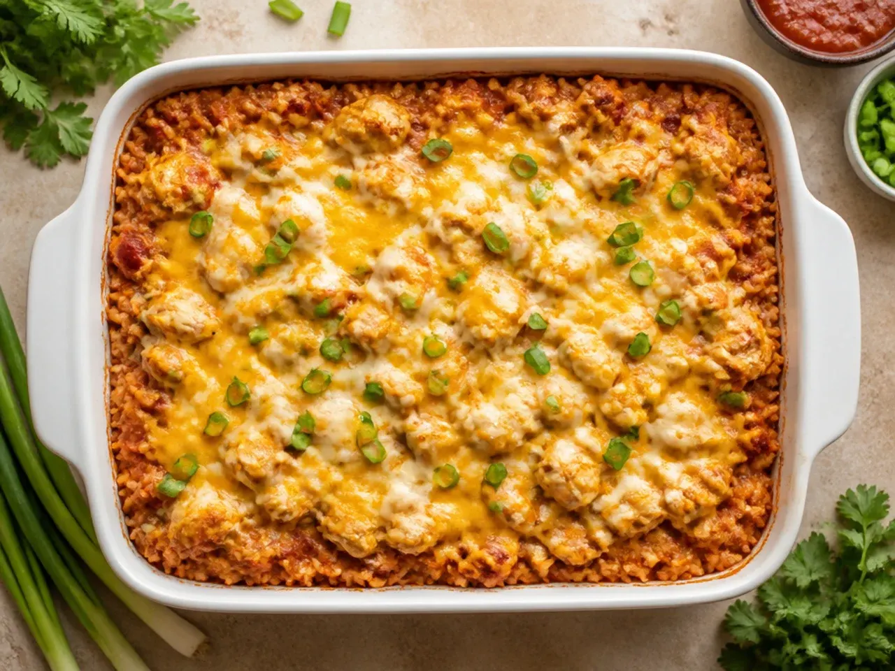 Classic red chicken enchilada rice casserole fresh out of the oven