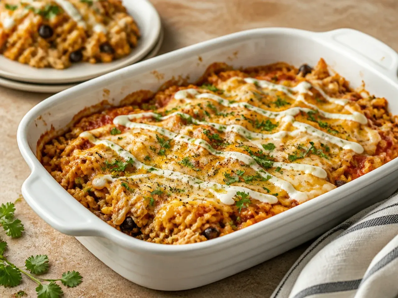 Quick chicken enchilada rice casserole made with rotisserie chicken and pouch rice