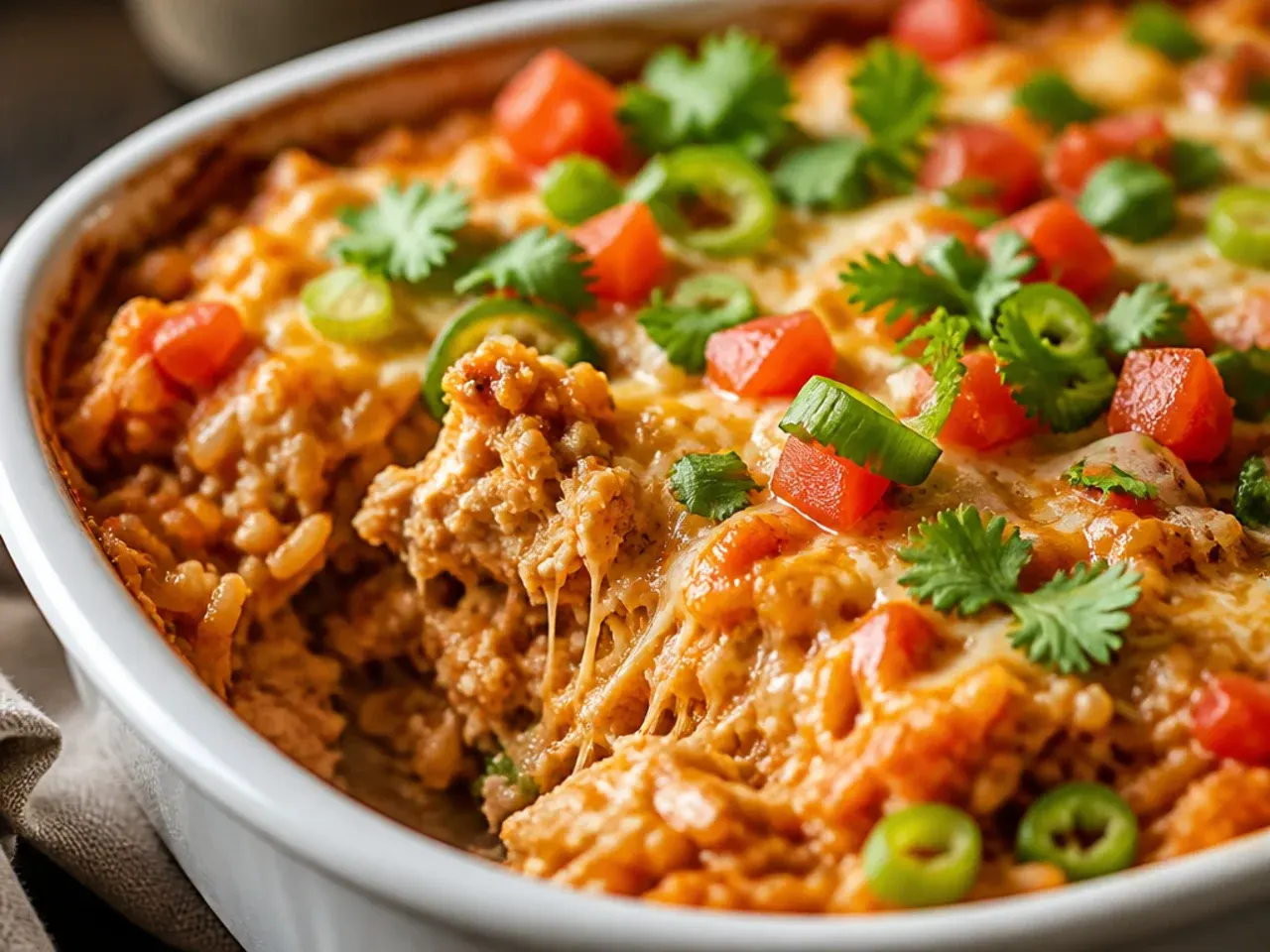 Creamy green chile chicken enchilada rice casserole in a rustic baking dish