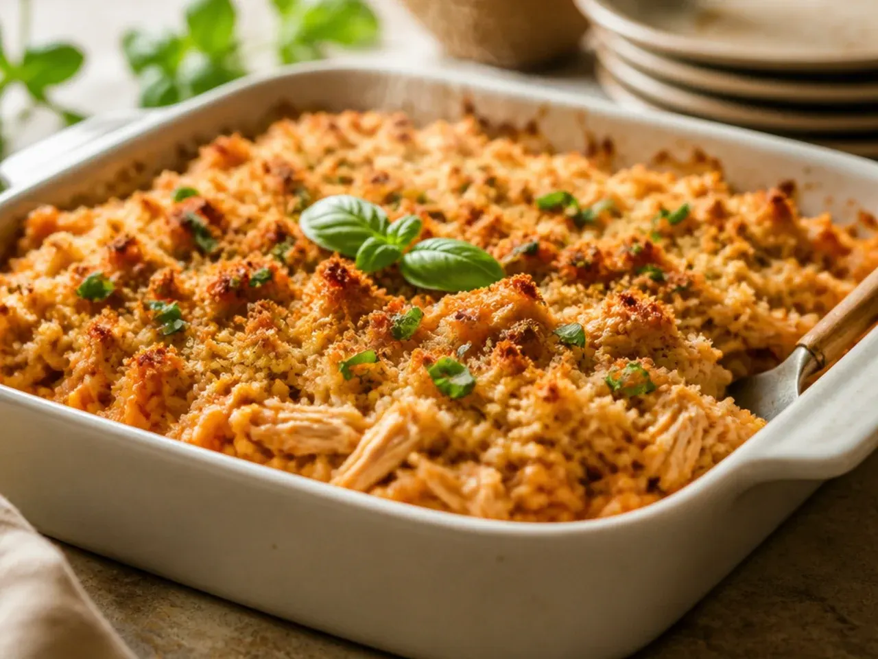 Slice of creamy chicken enchilada rice casserole showing a rich, cheesy interior