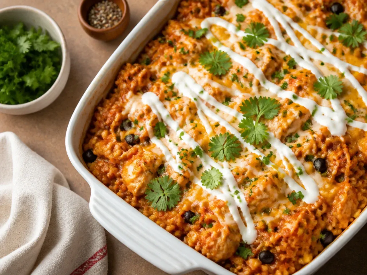 Loaded chicken enchilada rice casserole topped with black beans, corn and crushed tortilla chips