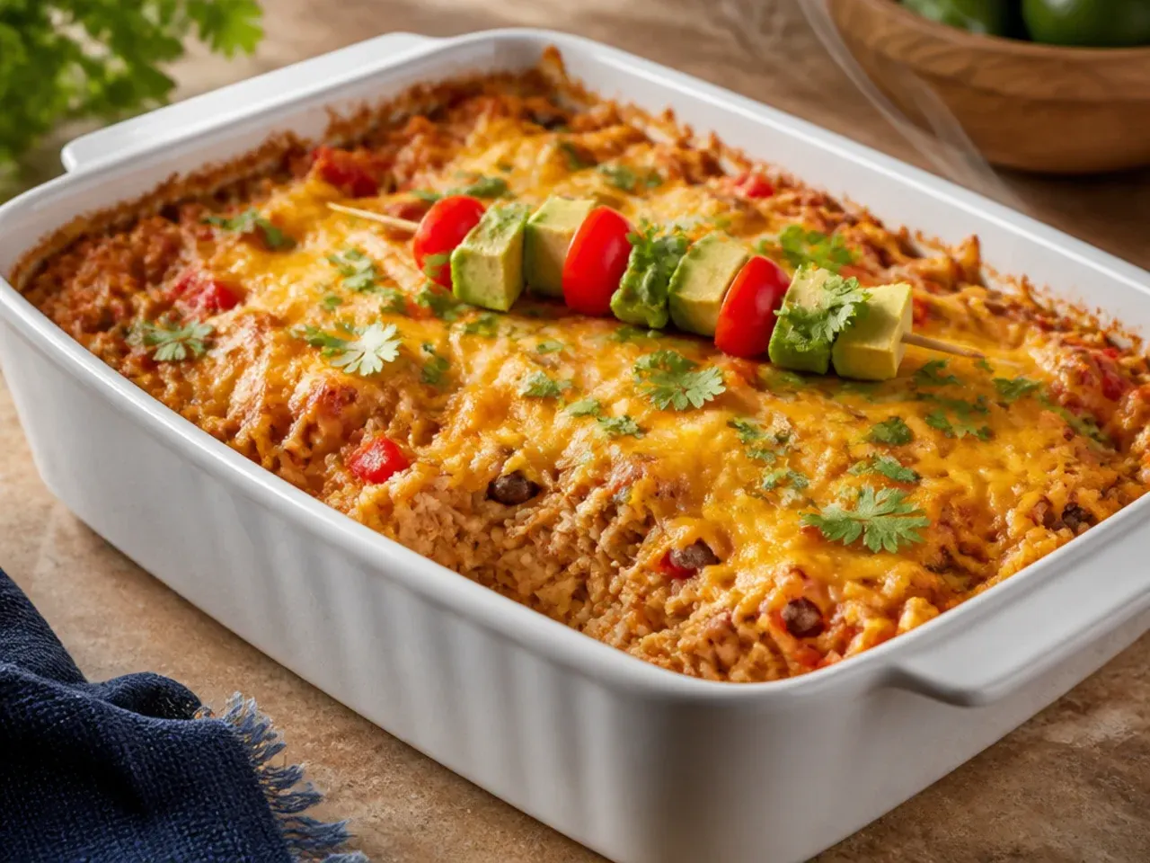 Best-ever chicken enchilada rice casserole made with homemade enchilada sauce