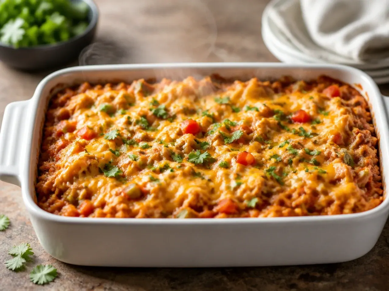 Extra cheesy chicken enchilada rice casserole with a golden, bubbling cheese top
