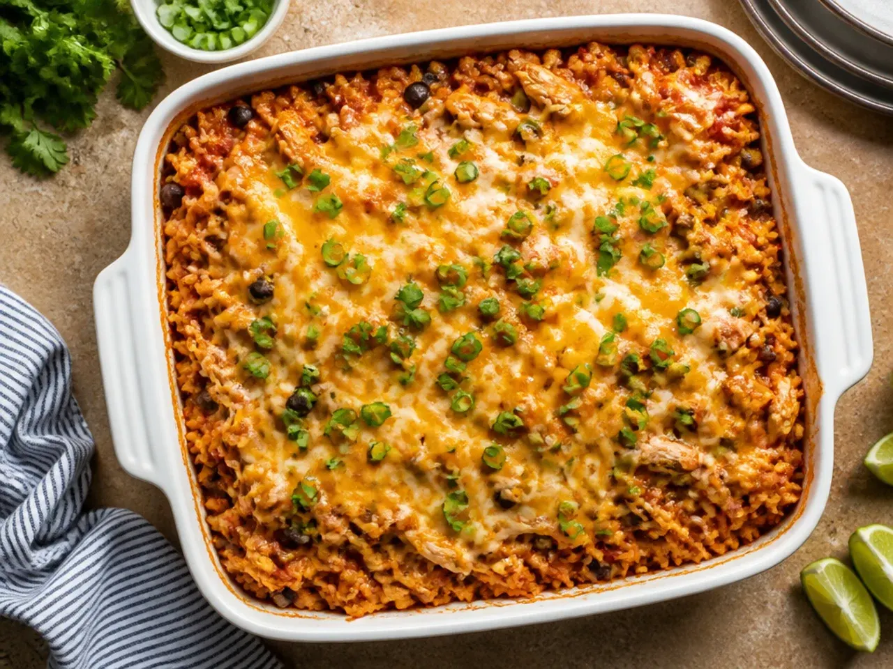 Budget-friendly chicken enchilada rice casserole made with pantry staples
