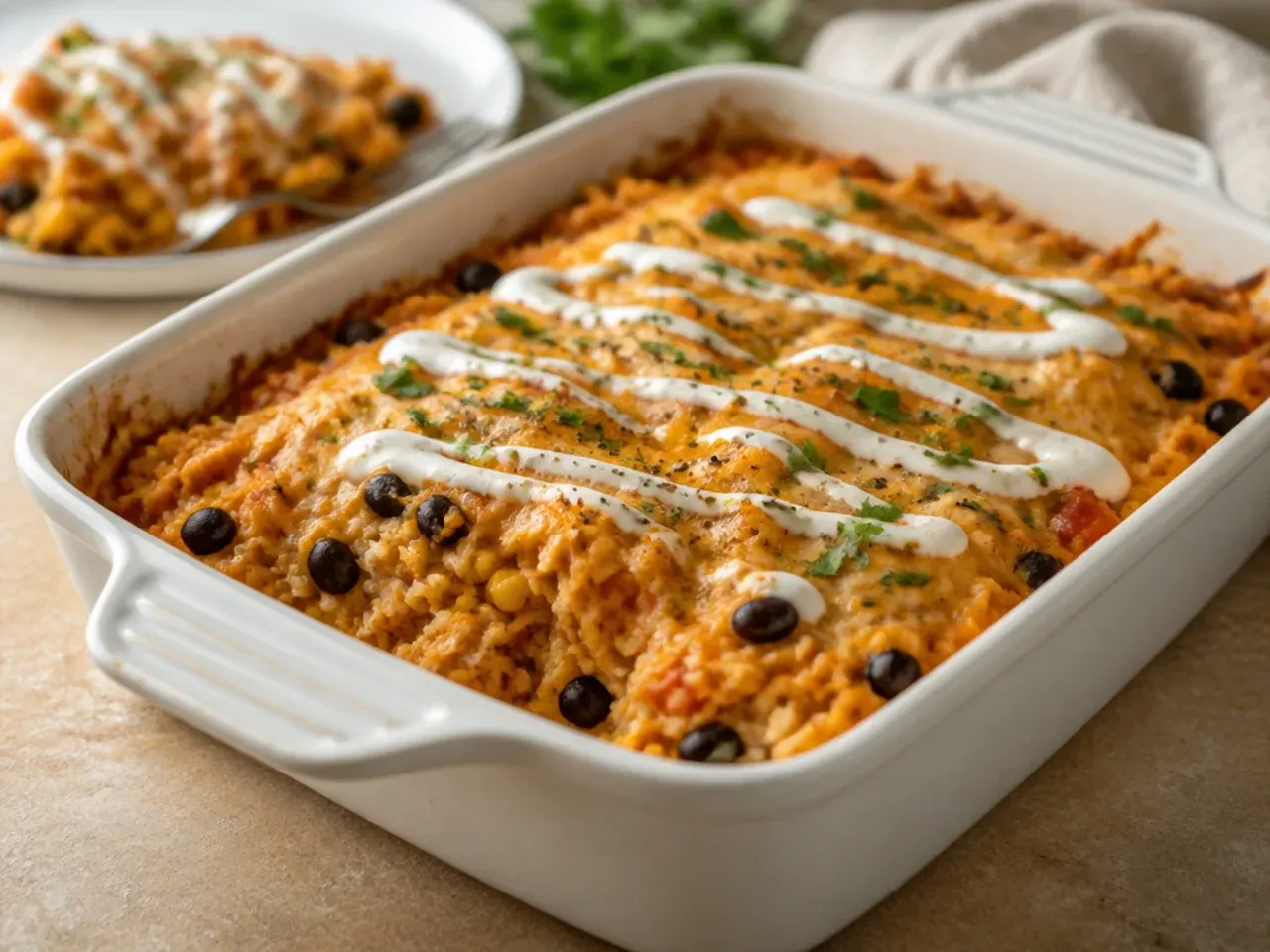Large crowd-sized chicken enchilada rice casserole with toppings on the side