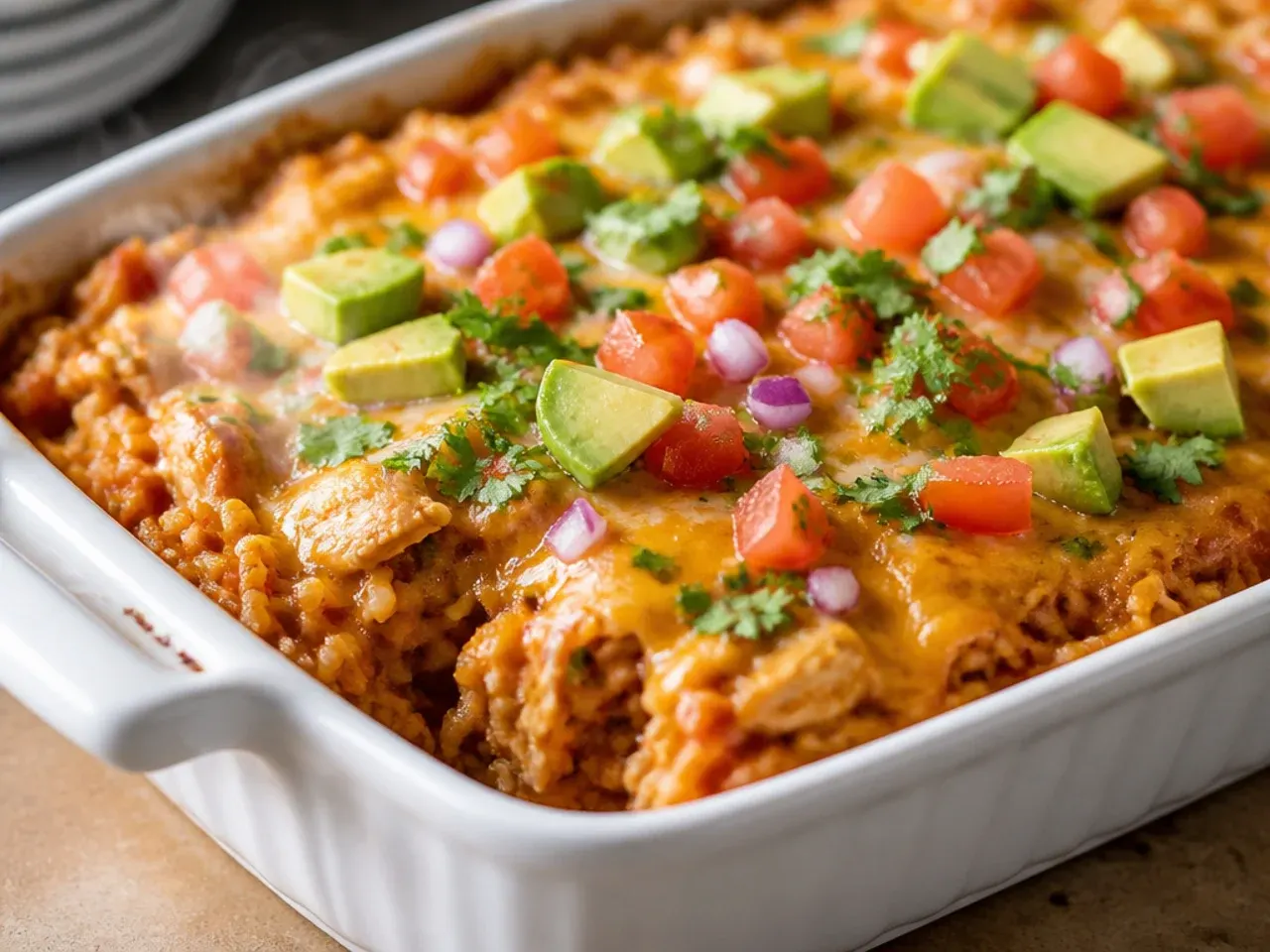 Unbaked chicken enchilada rice casserole covered with foil, ready to refrigerate