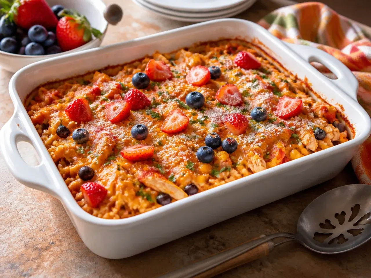 Mild, family-friendly chicken enchilada rice casserole cut into squares