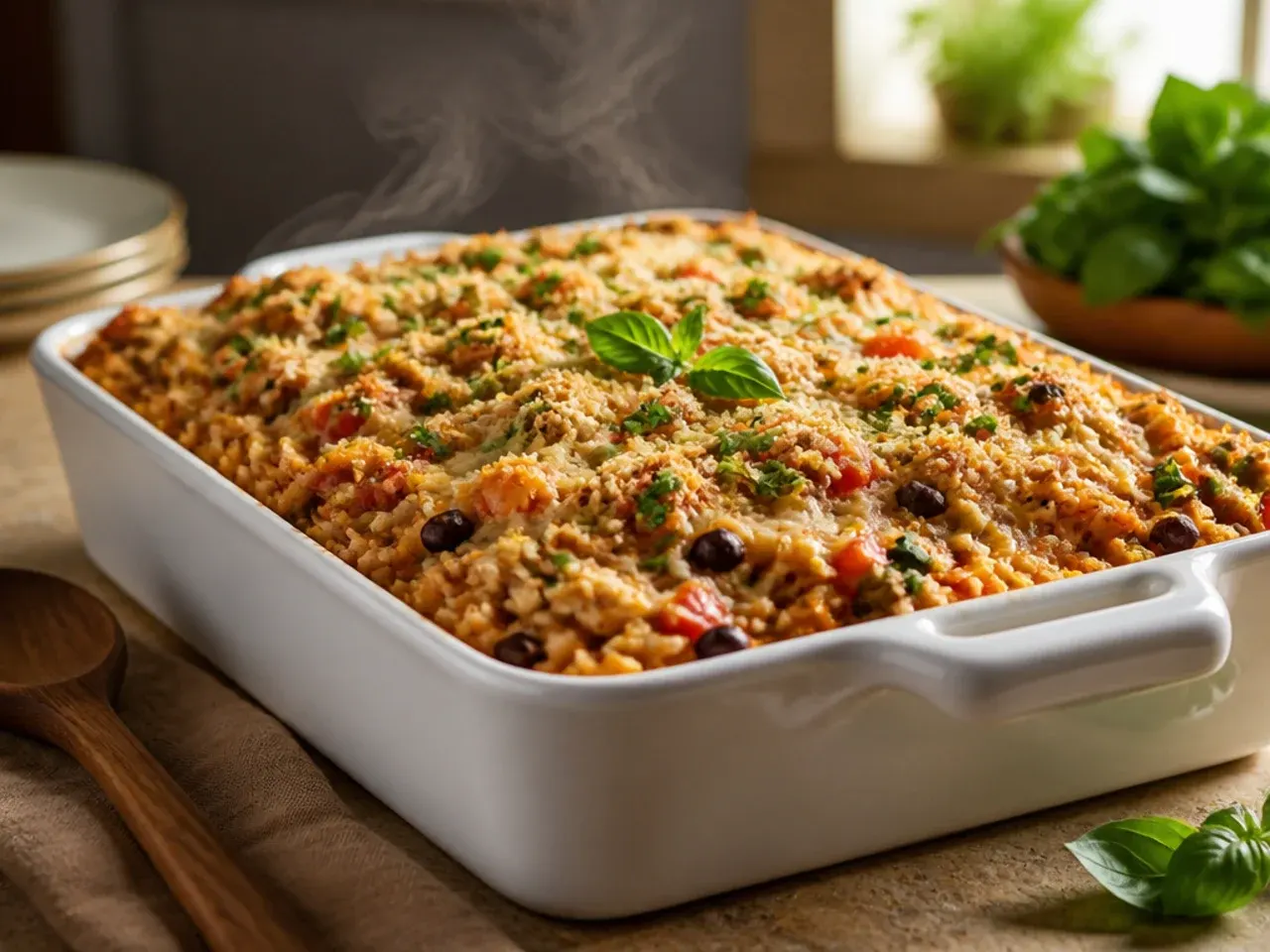 Festive chicken enchilada rice casserole with a marbled red and green sauce top